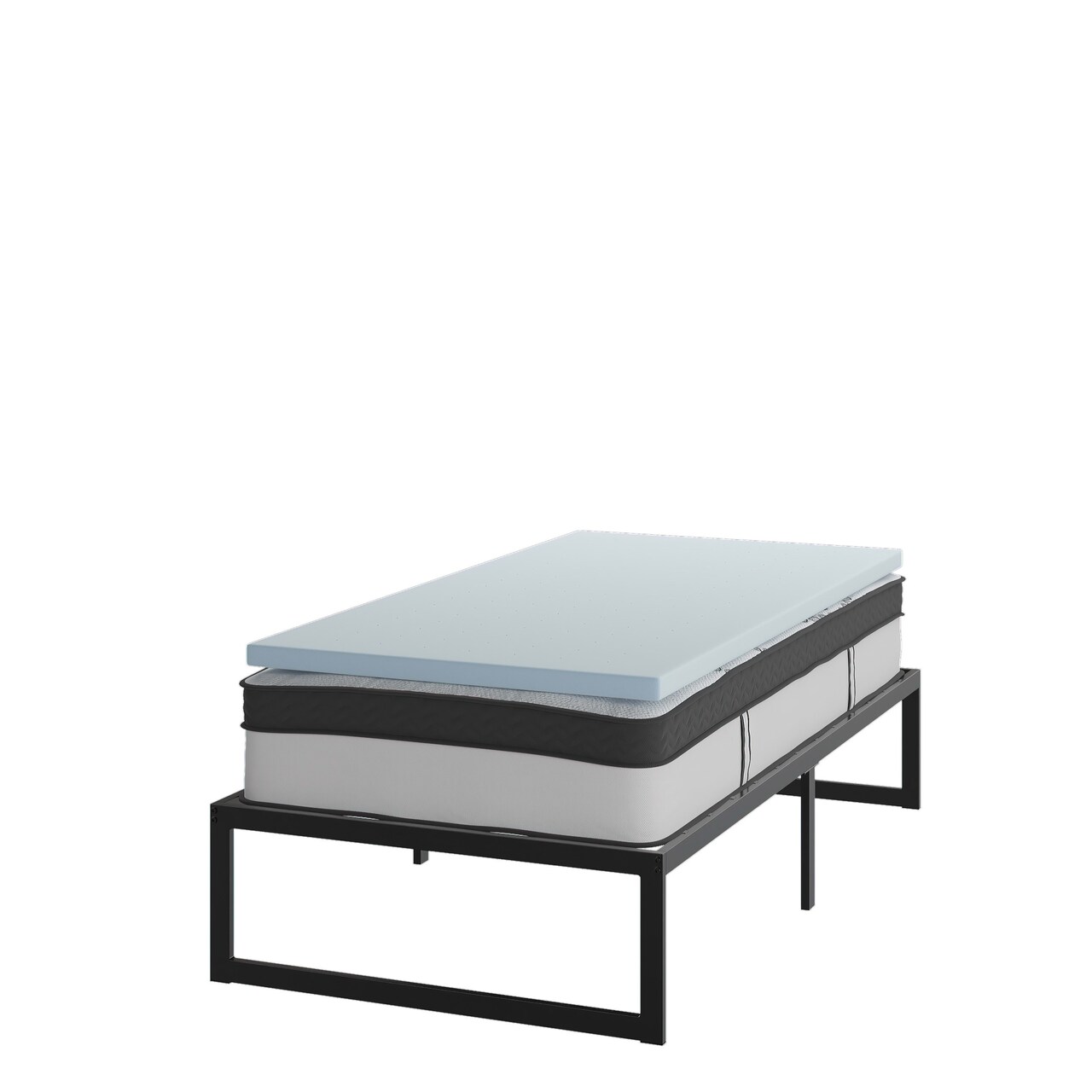 Emma and Oliver Complete Bed Set: Metal Platform Frame; Hybrid Pocket Spring Mattress in a Box and Cool Gel Memory Foam Topper